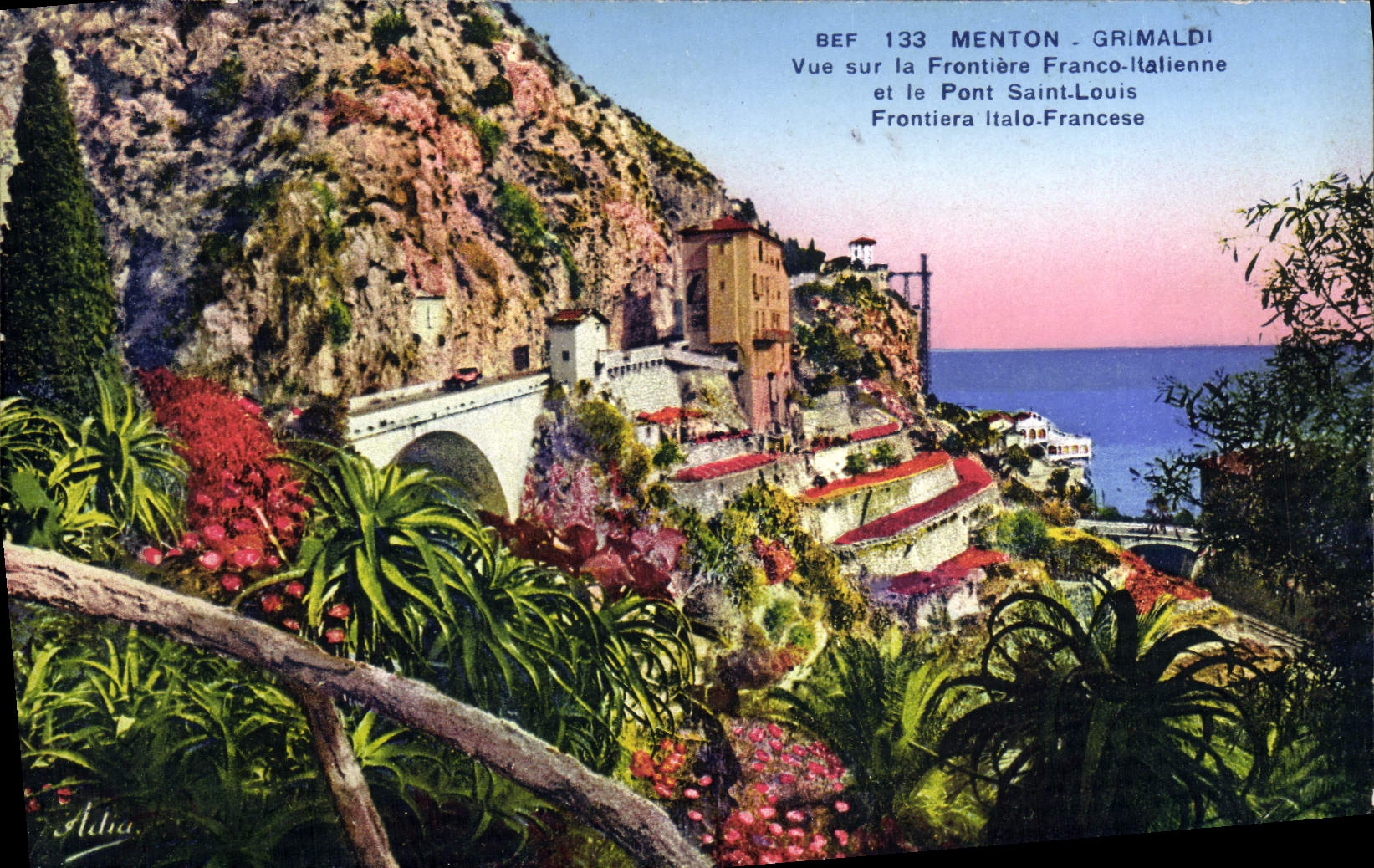 VINTAGE POSTCARD Menton Grimaldi Seen On the Border Free Italian and the bridge Saint Louis