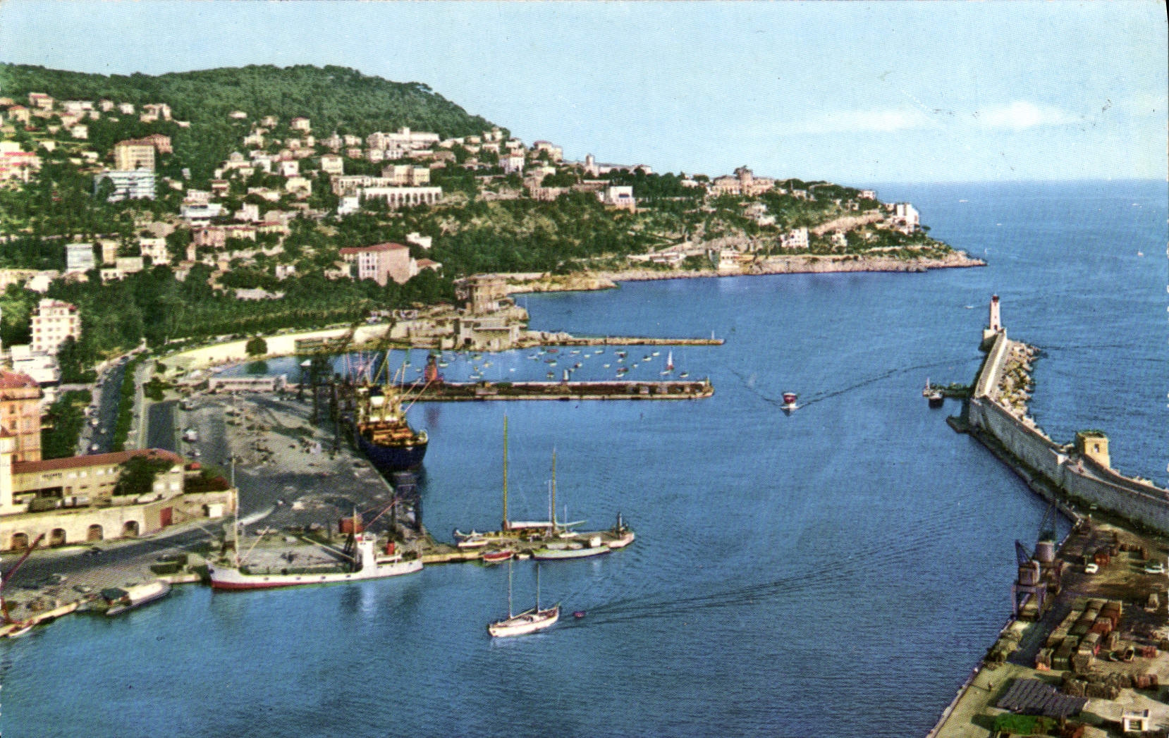 POSTAL de la VENDIMIA la dimensión Niza del panorama azul en el boro de Boran del puerto y del montaje