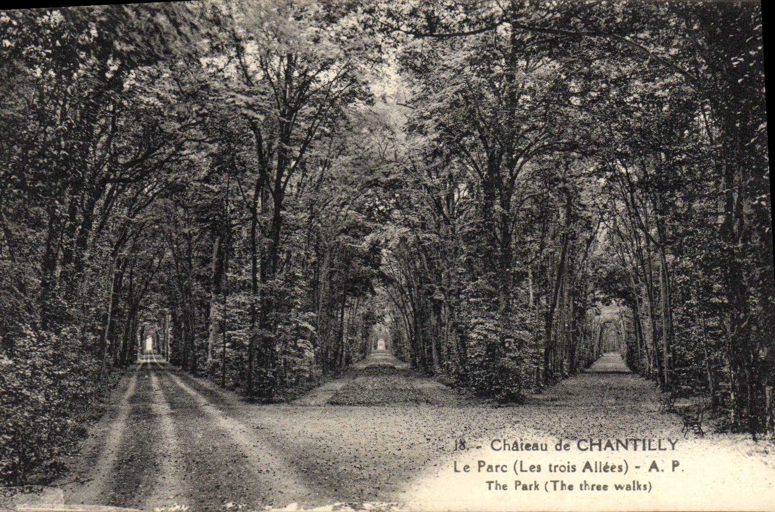 Castillo de la POSTAL de la VENDIMIA de Chantilly los callejones del parque tres