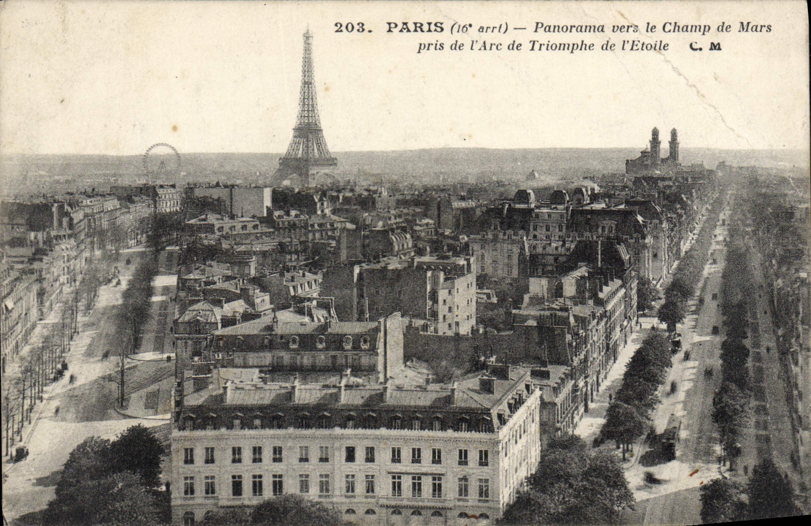 VINTAGE POSTCARD Paris Panorama Towards the Champ de Mars taken of Arc de Triomphe of Etoile the Eiffel Tower