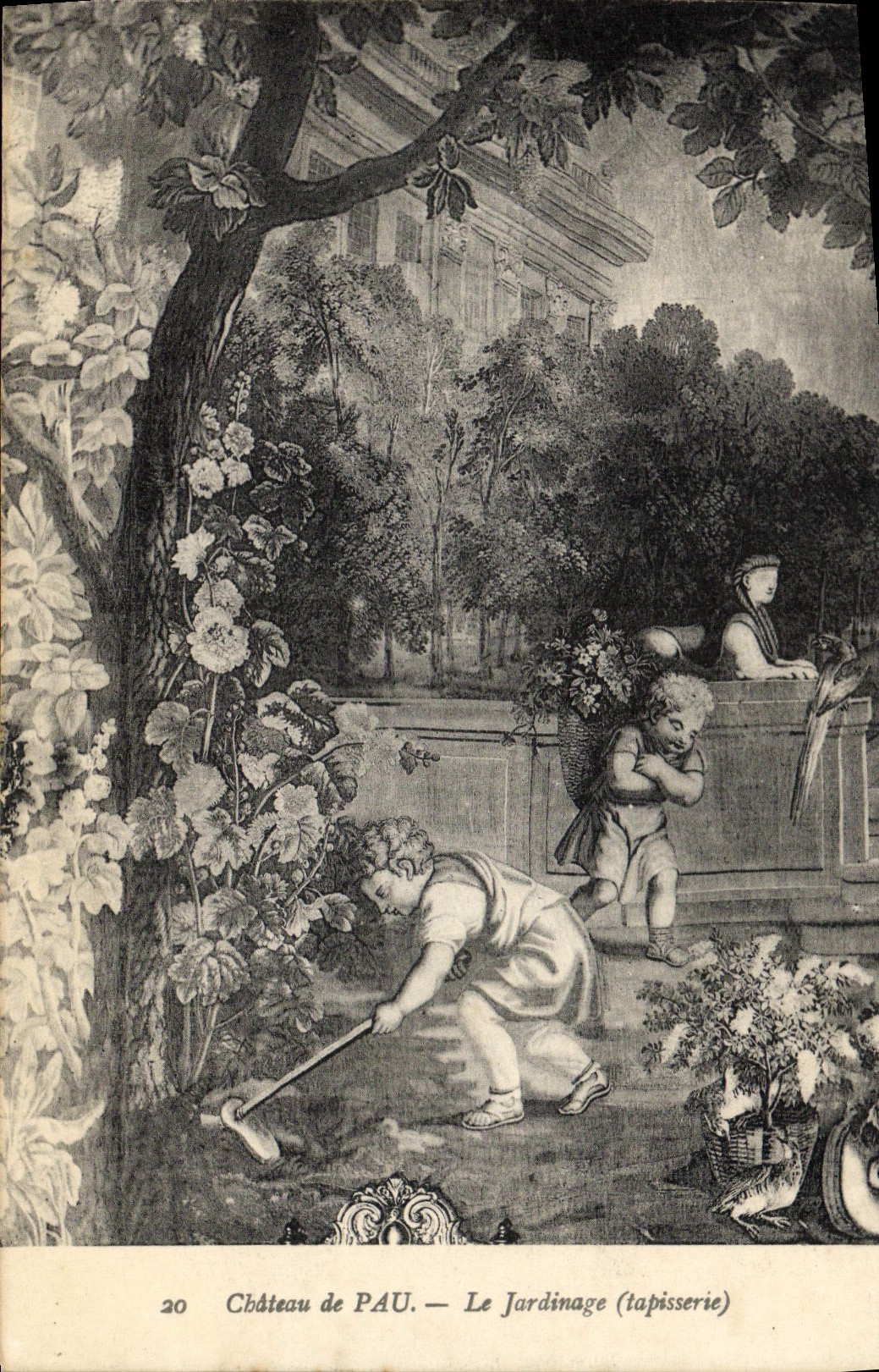 Castillo de la POSTAL de la VENDIMIA de Pau la tapicería que cultiva un huerto