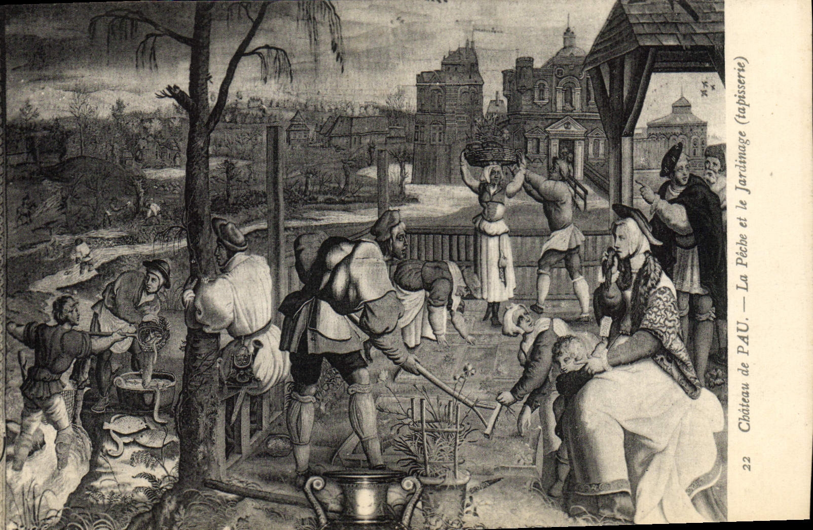 Castillo de la POSTAL de la VENDIMIA de la pesca de Pau y de la tapicería que cultiva un huerto