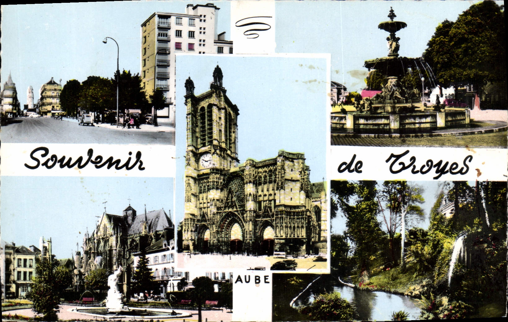 CPM Souvenir De Troyes Avenue de la Gare Fontaine La cathedrale Le rapt Jardin de la vallee Suisse