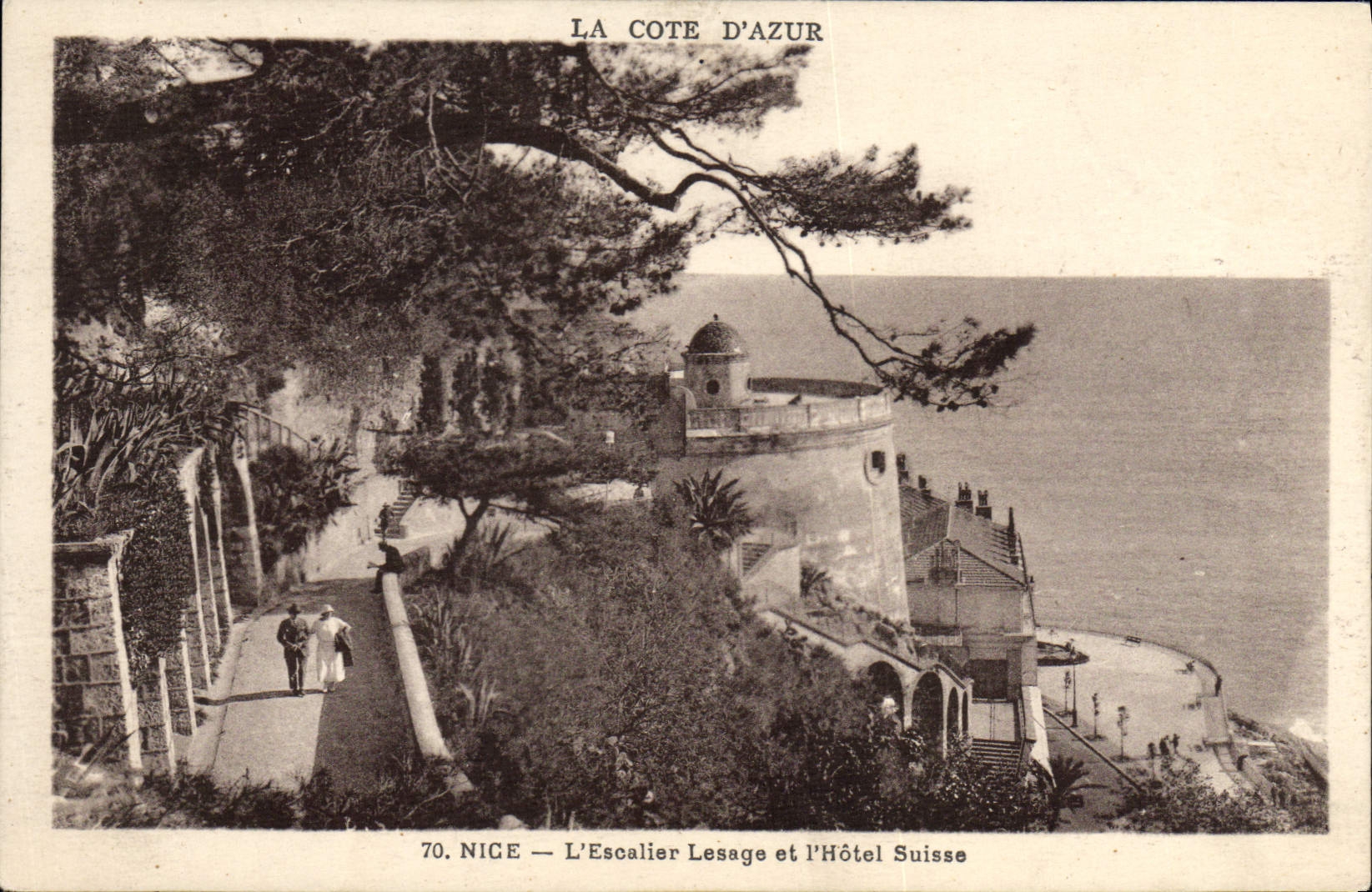 POSTAL de la VENDIMIA Niza la escalera Lesage y hotel de I del suizo