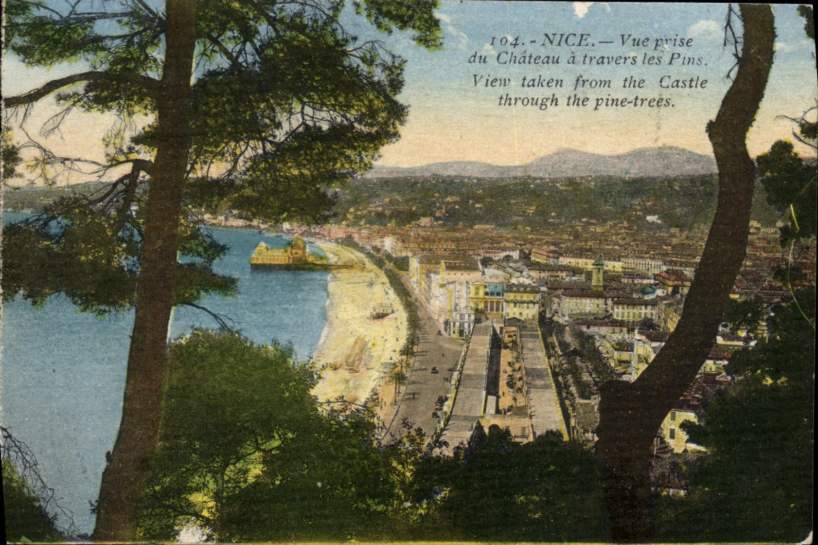 POSTAL de la VENDIMIA Niza vista del castillo a través de los pinos