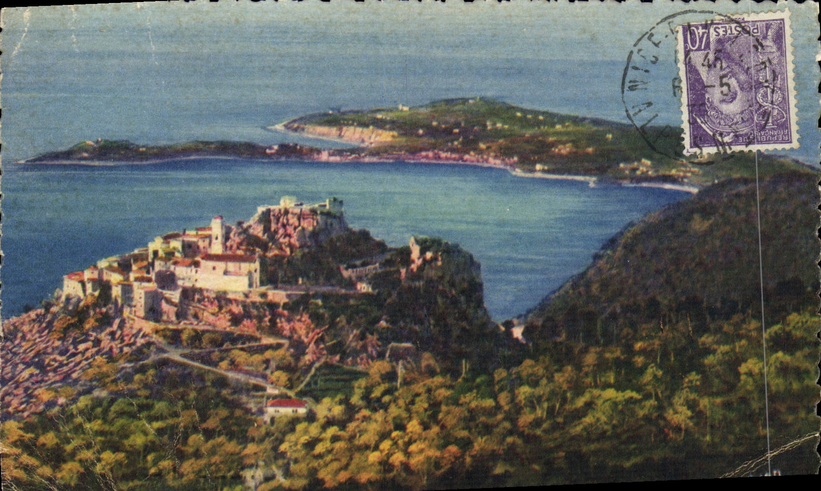 Dimensión de la POSTAL de la VENDIMIA de la opinión azul de Eze de la aldea y del cabo Ferrat