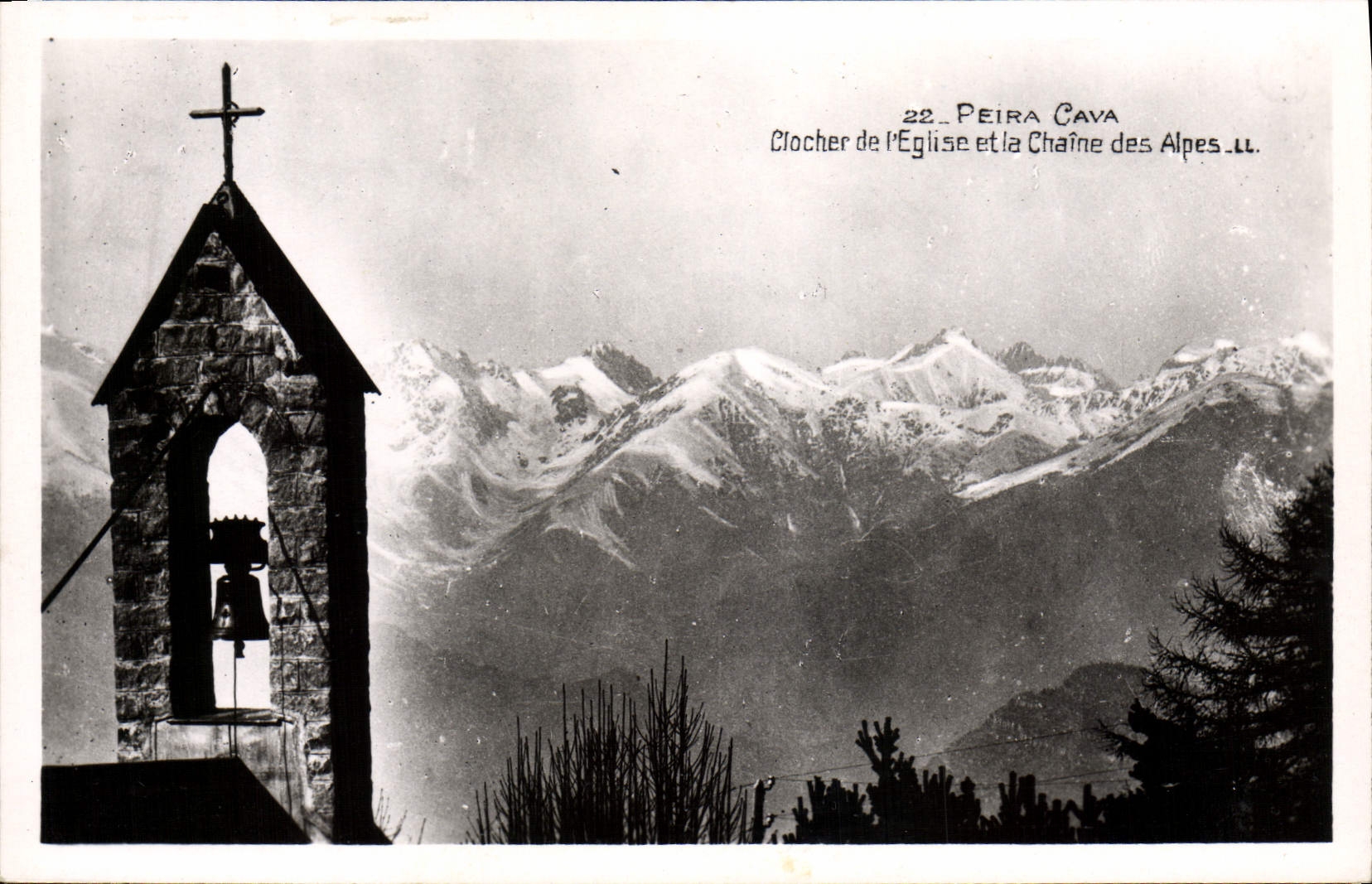 VINTAGE POSTCARD Peira Undermined Bell-tower of the church and the alpine range