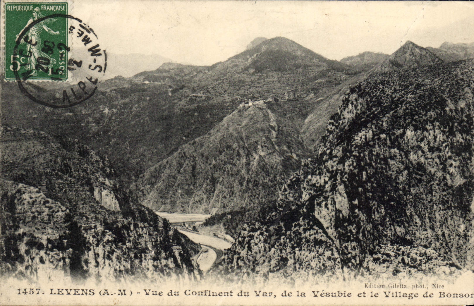 VINTAGE POSTCARD Levens Seen of the Confluence of the VAr of Vesubie and the village of Bonso