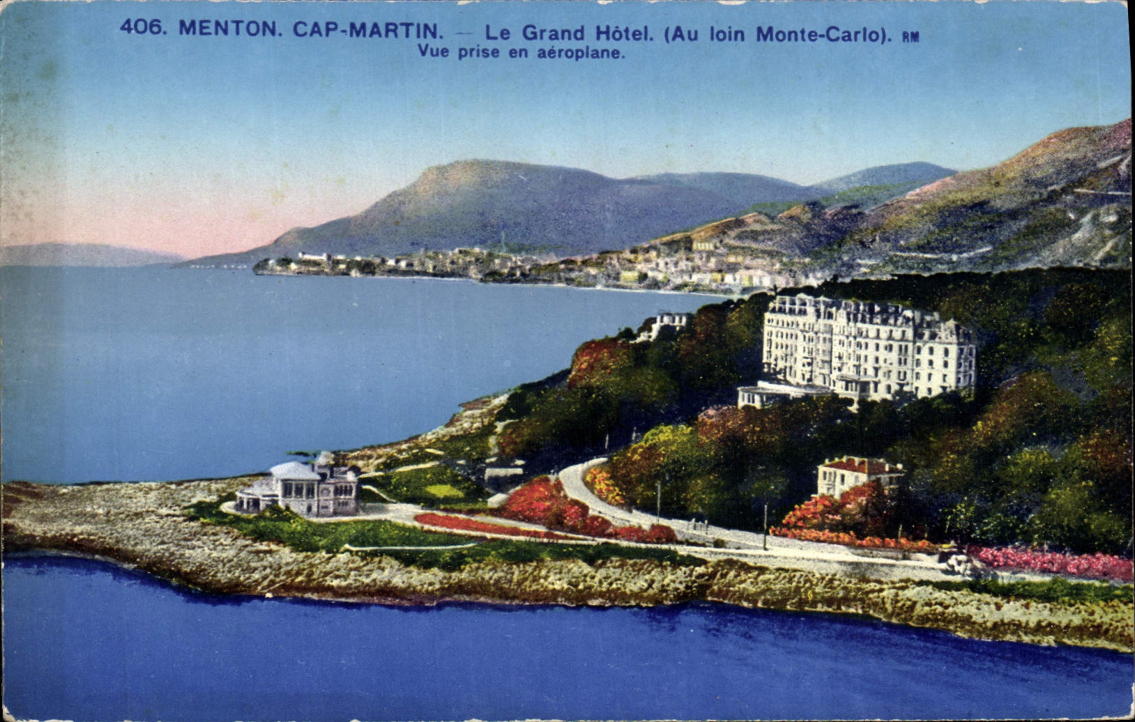 De la VENDIMIA de la POSTAL cabo Martin Menton el hotel grande con Monte Carlo lejano Mónaco