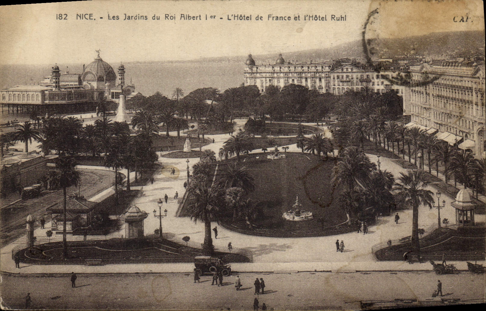 VINTAGE POSTCARD Nice Gardens of King Albert the 1st hotel of France and the Ruhl hotel