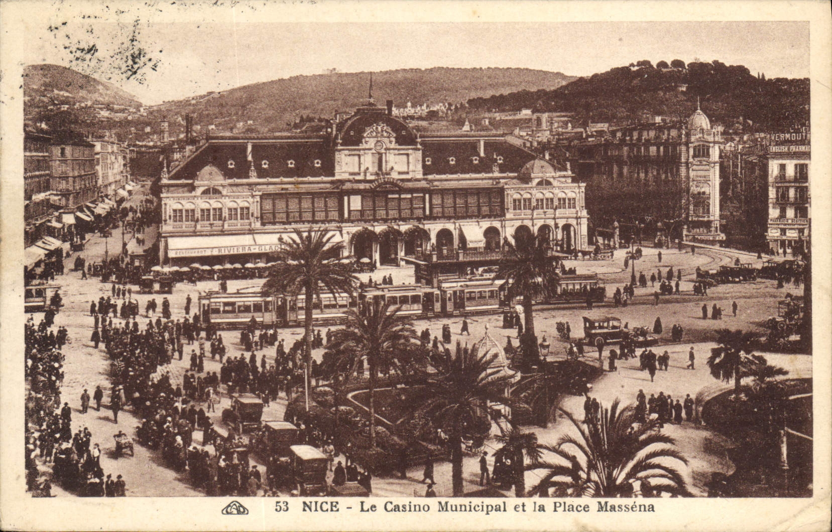 VINTAGE POSTCARD Nice the Municipal Casino and the Place Massena Tram
