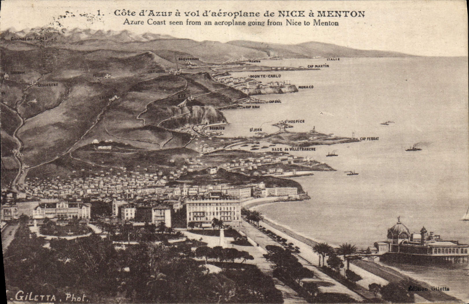 POSTAL de la VENDIMIA que la dimensión del vuelo azul del aeroplano de Niza tiene Menton