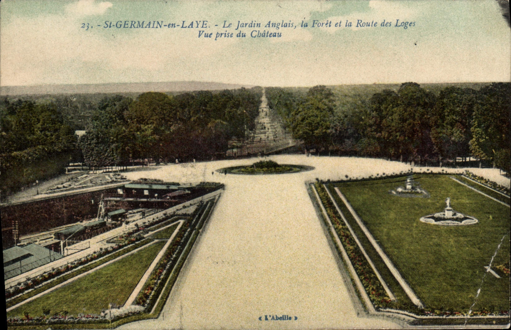 VINTAGE POSTCARD German St In Bush hammer the English garden the drill and the road of the cabins Seen from of the castle