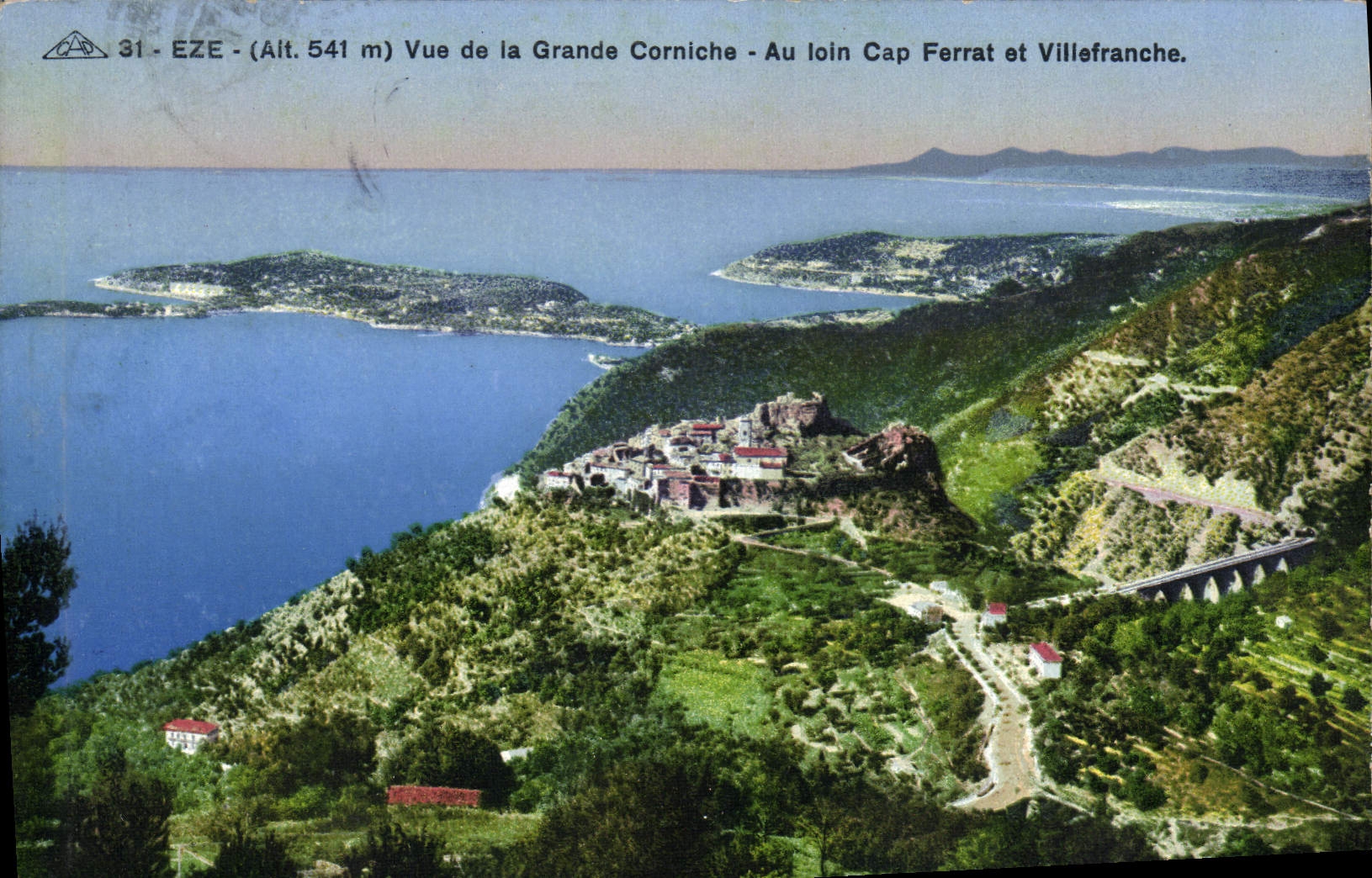 POSTAL Eze de la VENDIMIA visto de la cornisa grande con el cabo lejano Ferrat y Villefranche