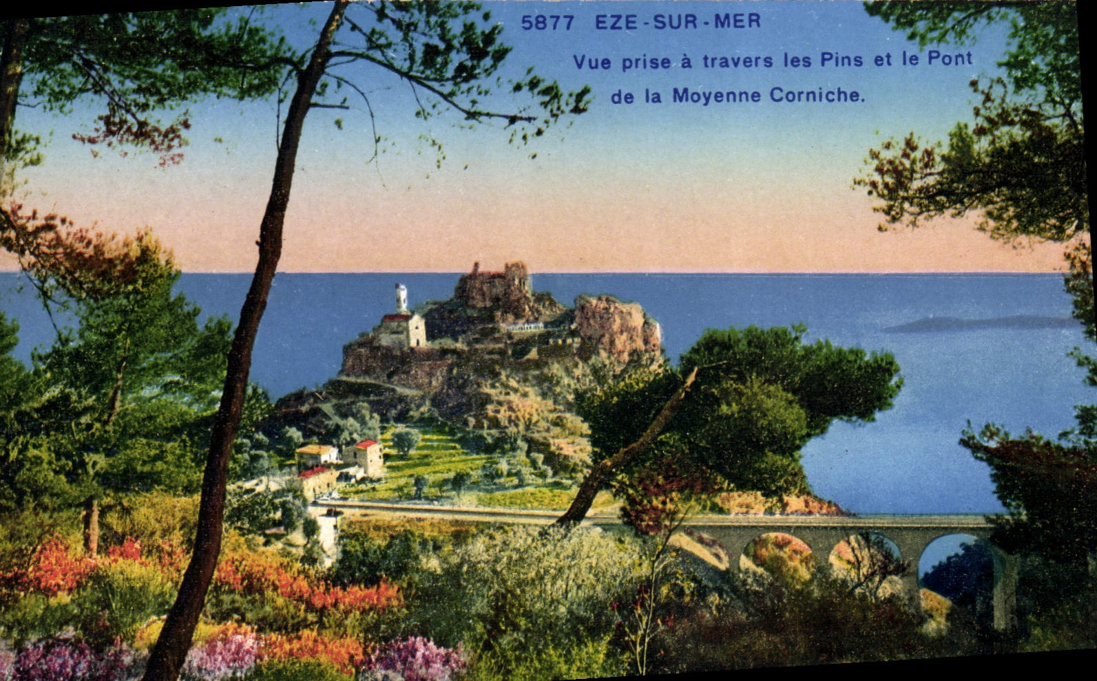 POSTAL Eze de la VENDIMIA en el mar vista a través de los pinos y del puente de la cornisa media