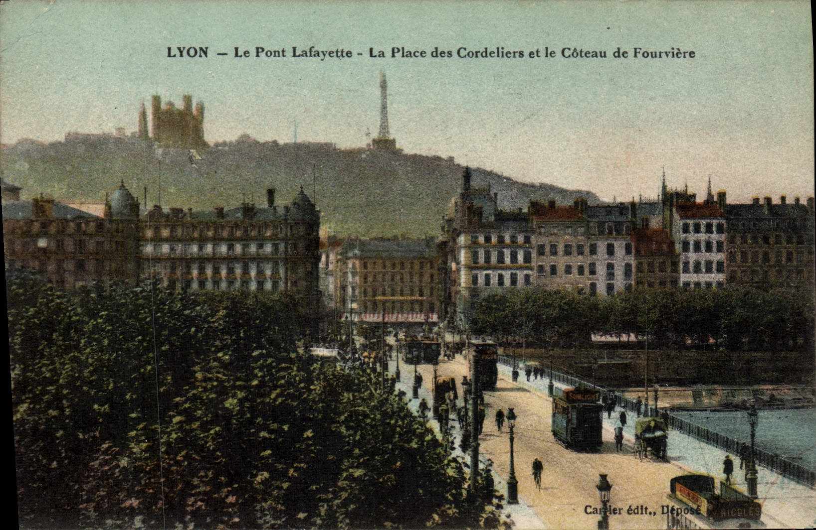 POSTAL Lyon de la VENDIMIA el puente de Lafayette el lugar de Cordeliers y la cuesta de Fourviere