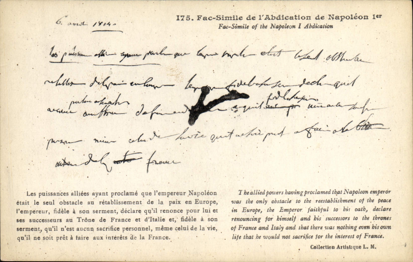 VINTAGE POSTCARD FAC simile of the abdication of Napoleon 1st