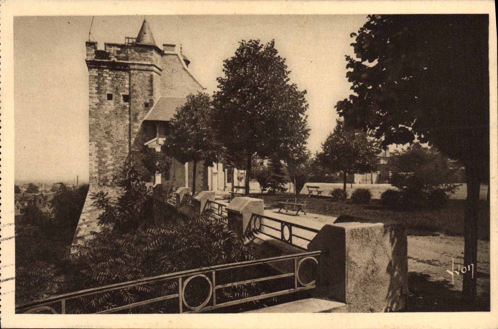 VINTAGE POSTCARD Montlucon the esplanade and the Old Castle of the Bourbons