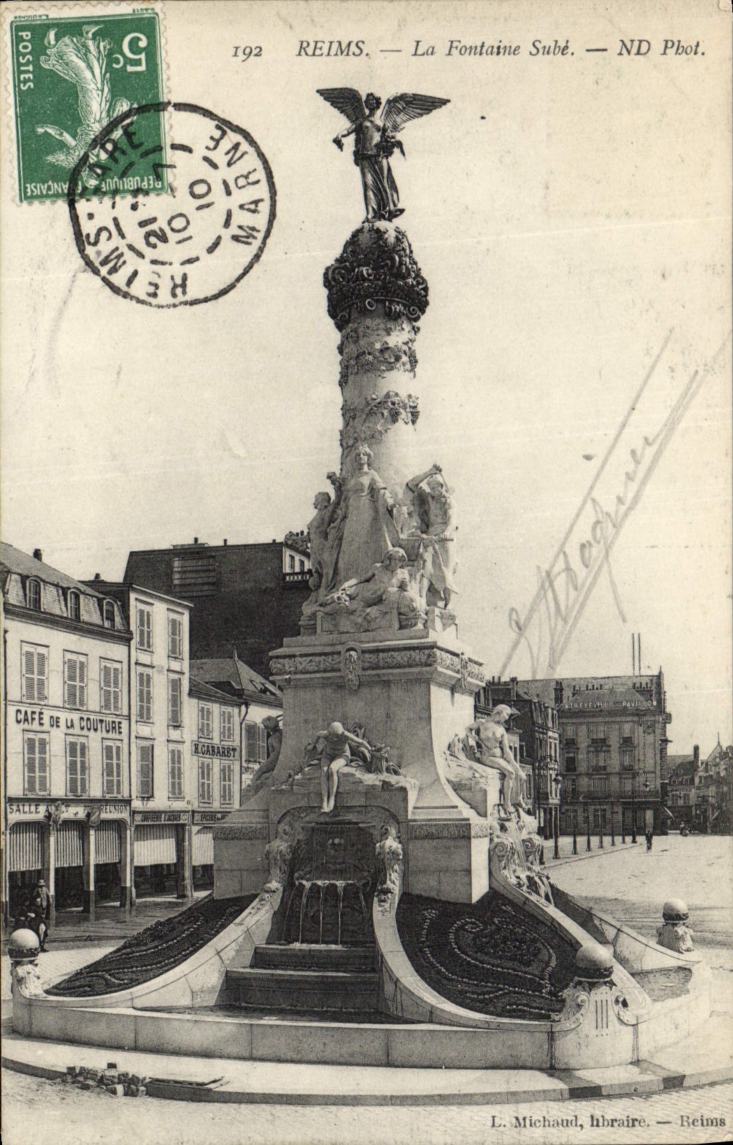 VINTAGE POSTCARD Rheims the Fountain Sube Coffee of the Seam