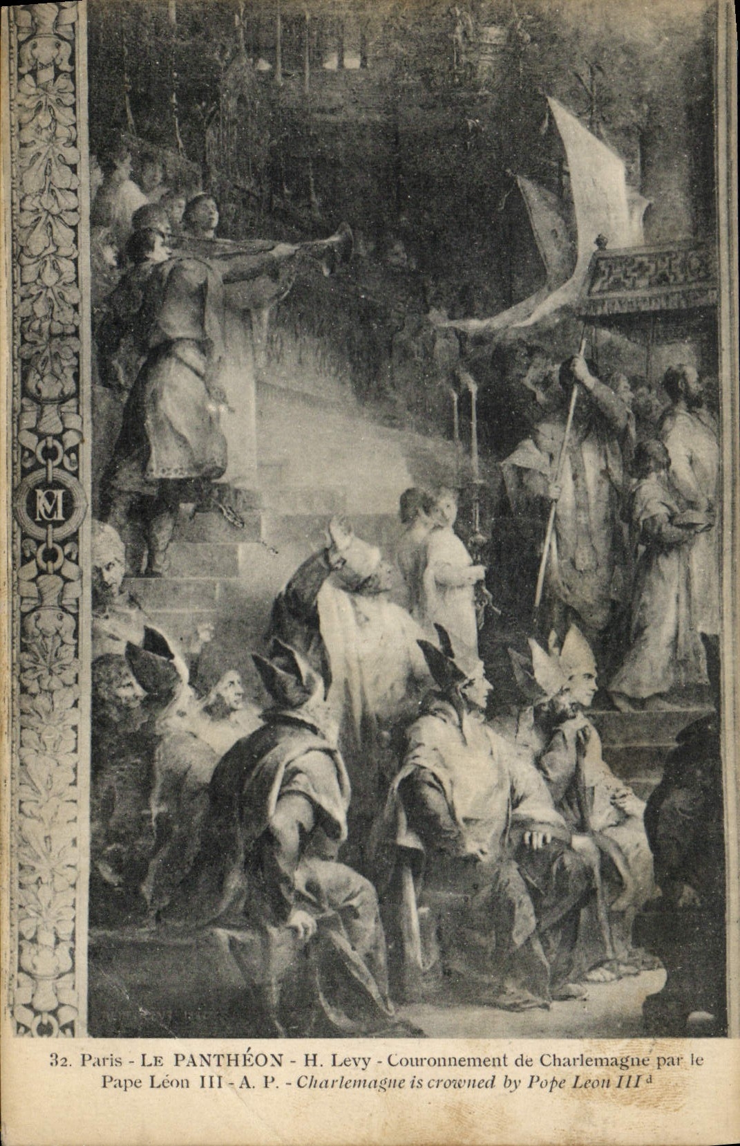 VINTAGE POSTCARD Paris the Pantheon Levy Crowning of Charlemagne by the Pope Leon III