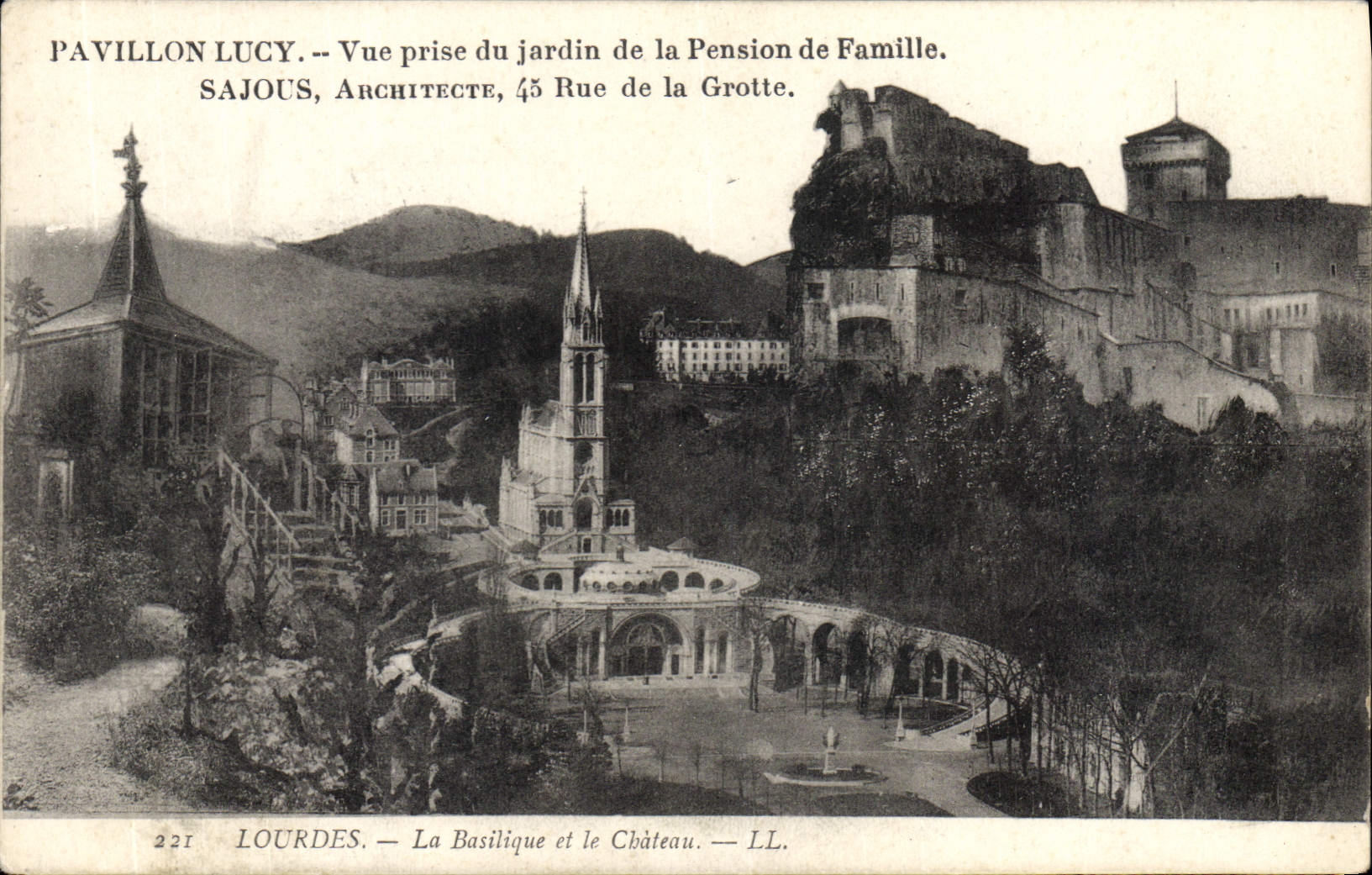 Casa de Lucy de la POSTAL de la VENDIMIA vista del jardín de las puertas de la pensión la basílica y el castillo
