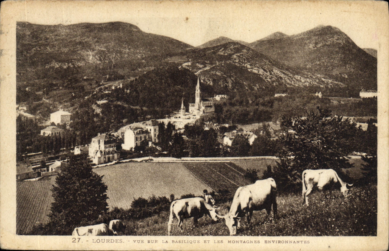 Vista pesada de la POSTAL de la VENDIMIA en la basílica y las montañas circundantes