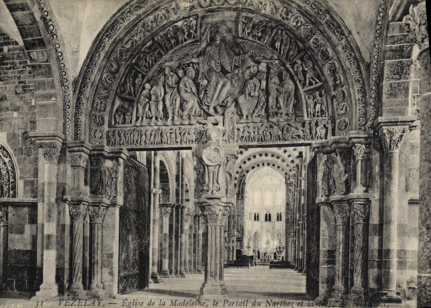 VINTAGE POSTCARD Vezelay Basilica Of the Madeleine the gate of the narthex and the nave