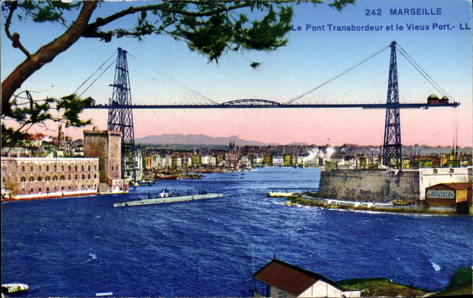 POSTAL Marsella de la VENDIMIA el puente del transportador y el puerto viejo