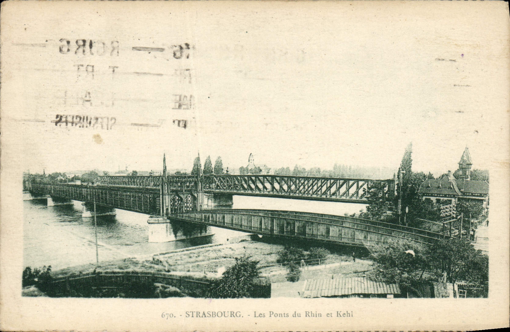Puentes de Estrasburgo de la POSTAL de la VENDIMIA del Rin y del Kehi