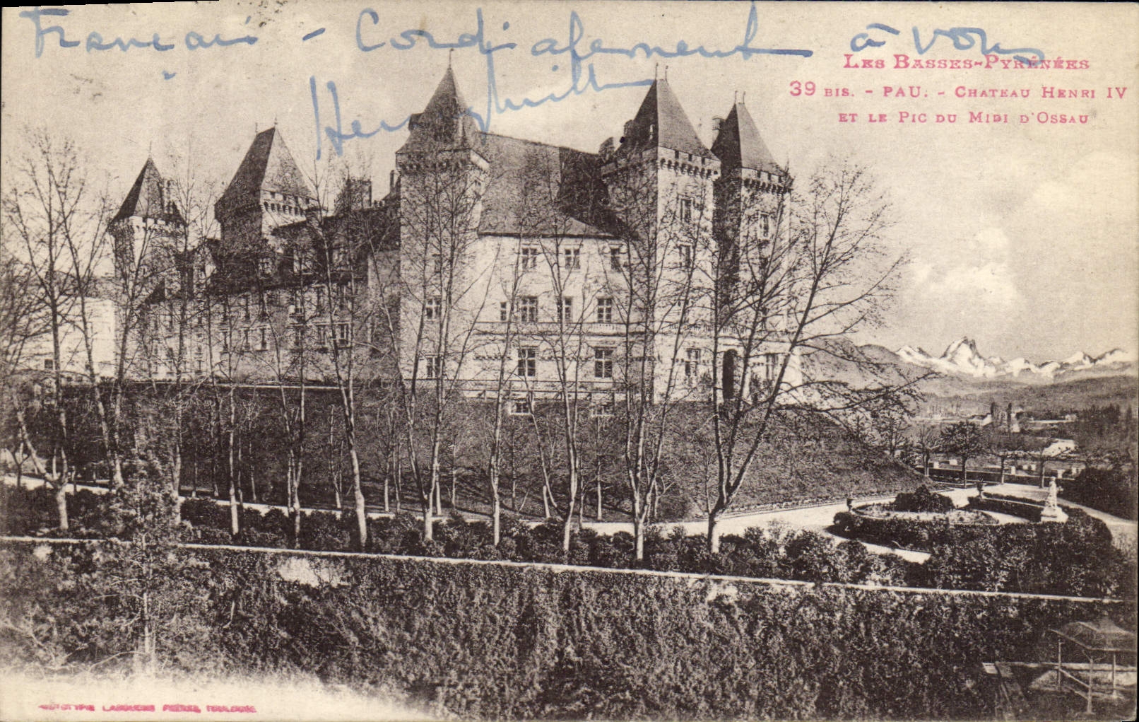 Castillo Enrique de Pau de la POSTAL de la VENDIMIA IV y el pico del sur de Ossau