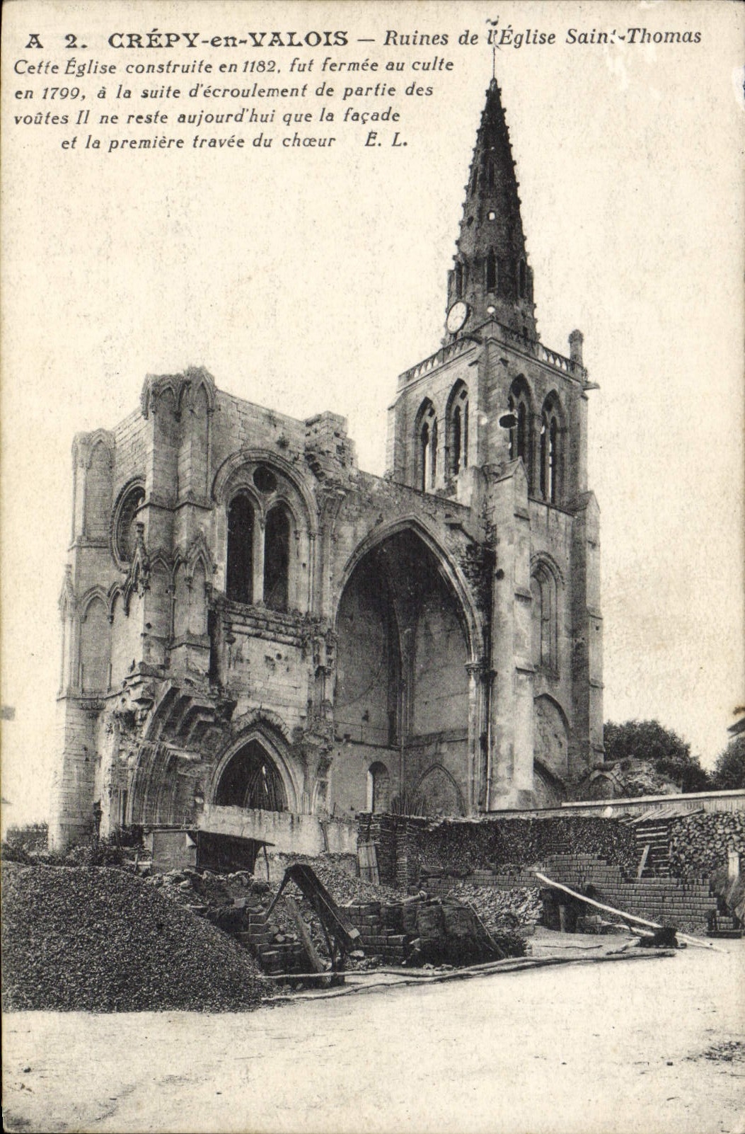 VINTAGE POSTCARD Crepy in Valois Ruins of the Church Saint Thomas Militaria