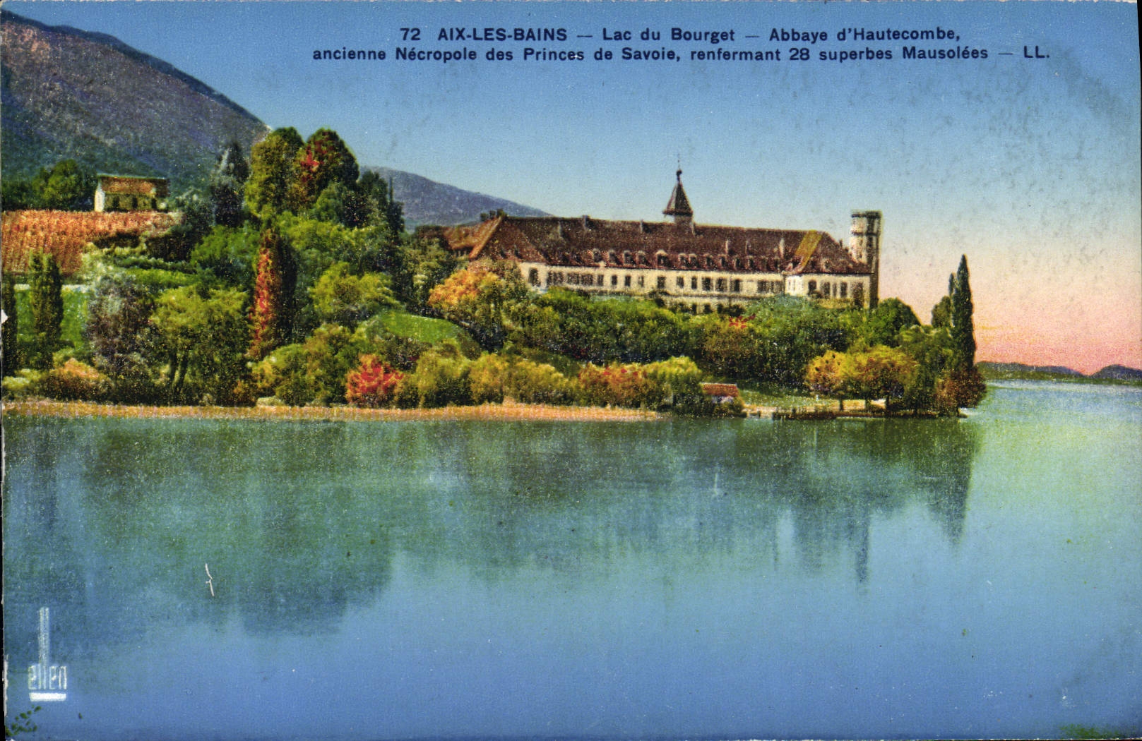 VINTAGE POSTCARD Aix Les Bains Lake of Le Bourget old Abbey of Hautecombe necropolis of princes de Savoie
