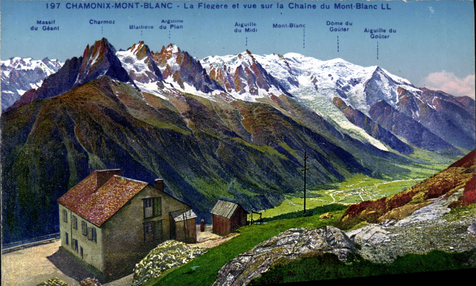 POSTAL Chamonix Mont Blanc Flegere y vista de la VENDIMIA en la cadena de Mont Blanc