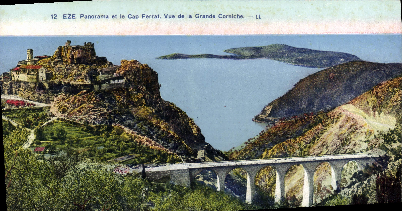 Panorama y el cabo Ferrat de Eze de la POSTAL de la VENDIMIA visto de la cornisa grande