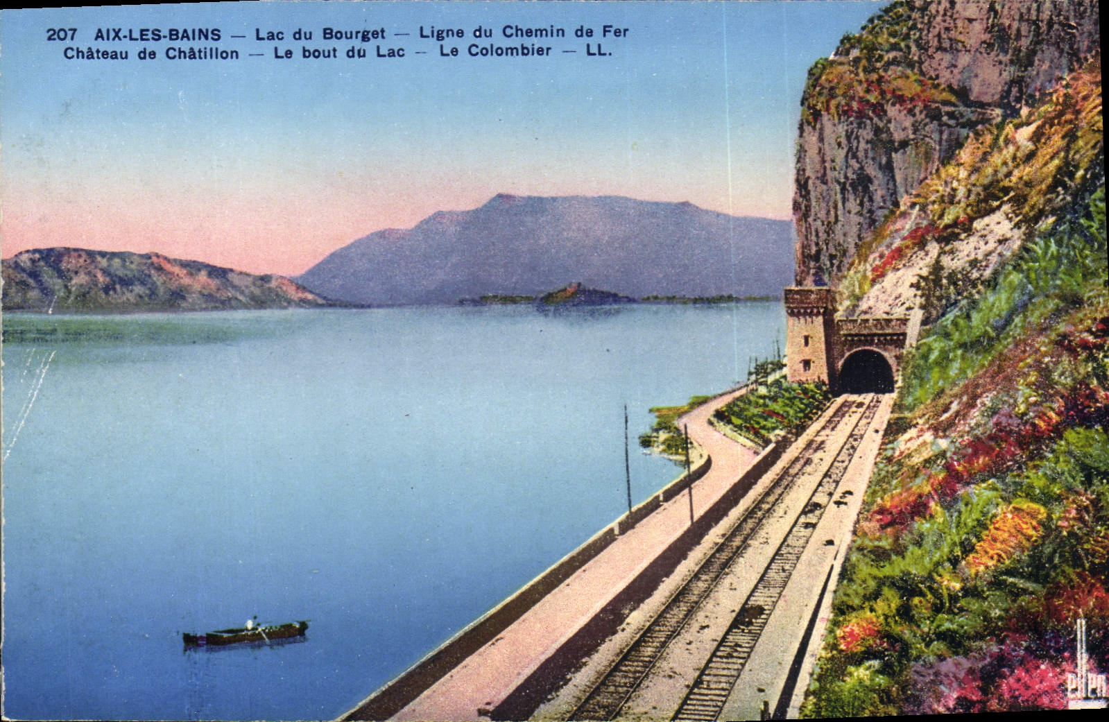 VINTAGE POSTCARD Aix Les Bains Lake Of Le Bourget Railway line Castle of chatillon the end of the lake the dovecote