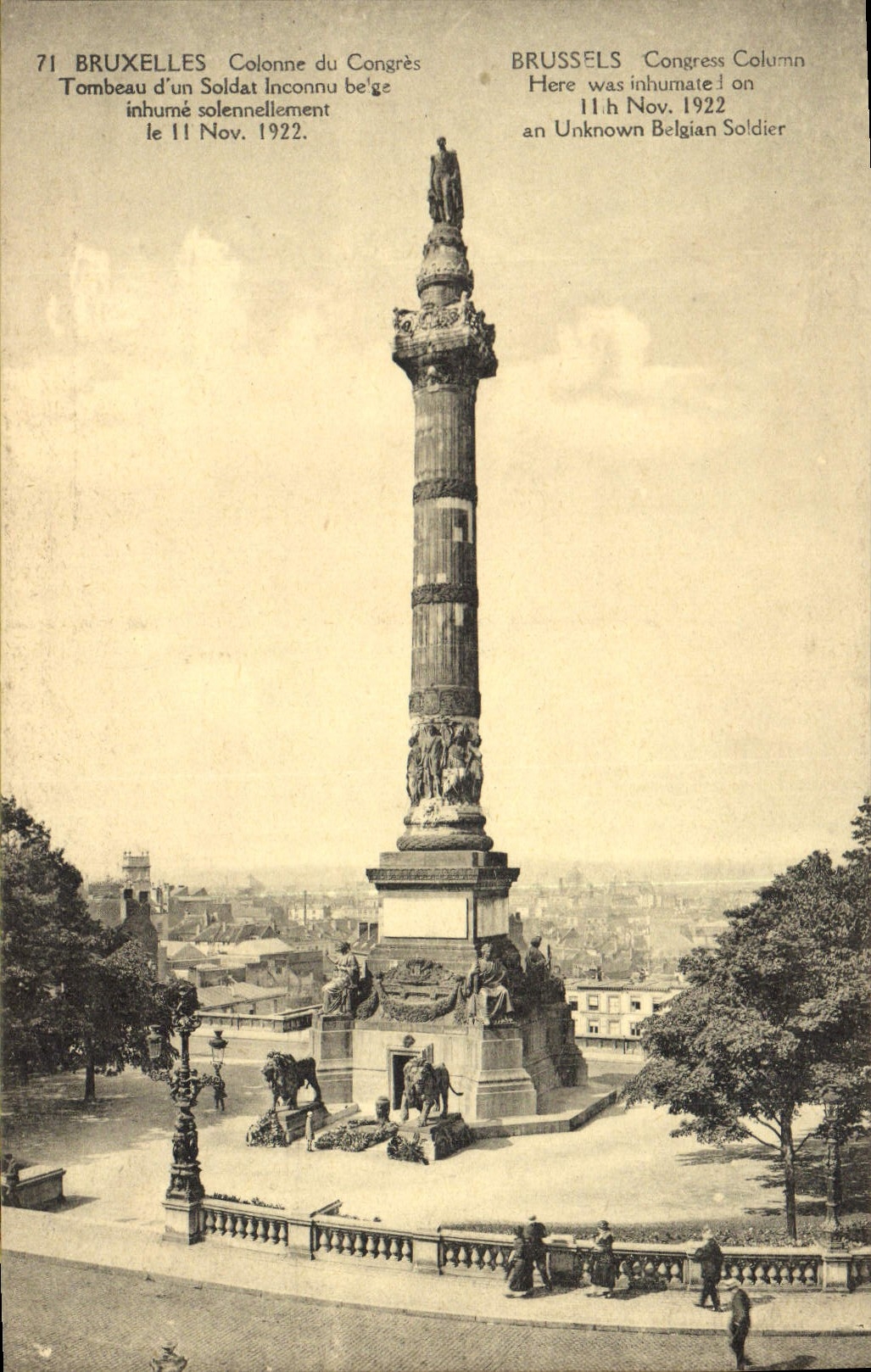 Columna de Bruselas de la POSTAL de la VENDIMIA de la tumba de Corgres de un león belga del soldado desconocido