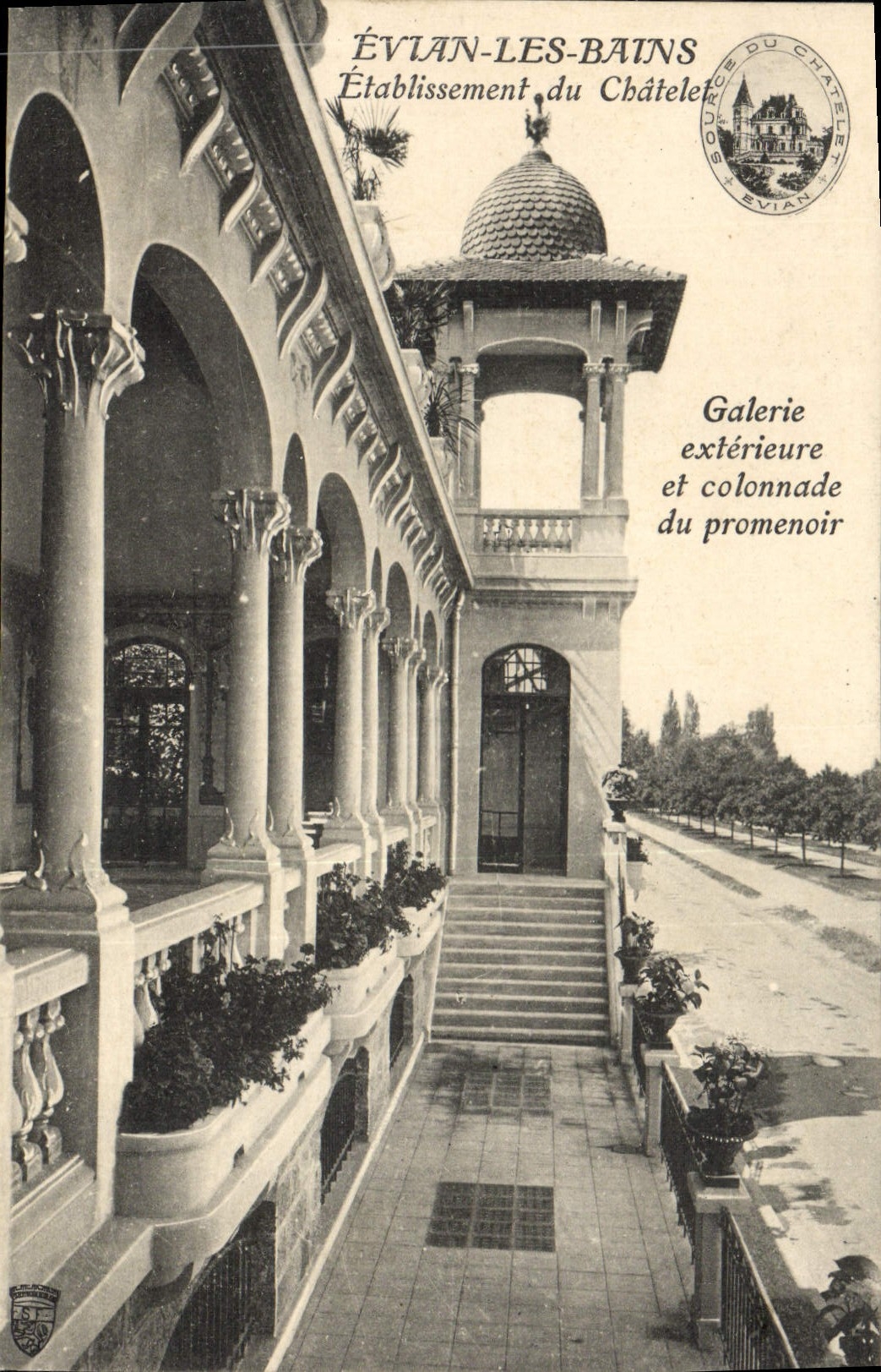 VINTAGE POSTCARD Evian Les Bains Establishment of Chatelet Gallery external and colonnade of the promenade