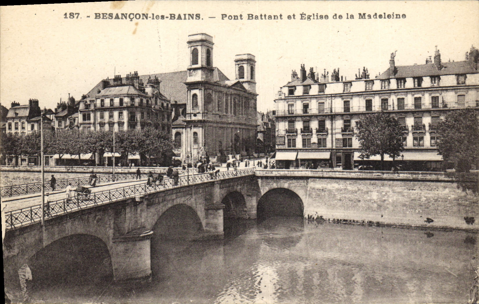 POSTAL Besanzón de la VENDIMIA les Bains que bate el puente y la iglesia de la Madeleine