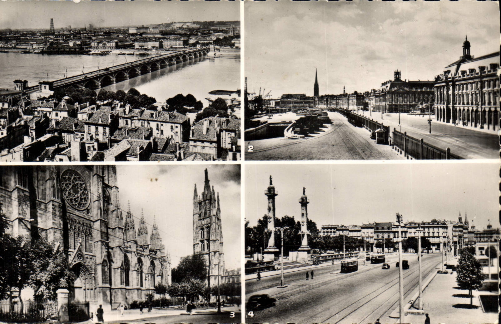 CPM Bordeaux Le Pont De Pierre La Bourse et les quais Saint Michel la cathedrale La Tour Pey Berland Les colonnes