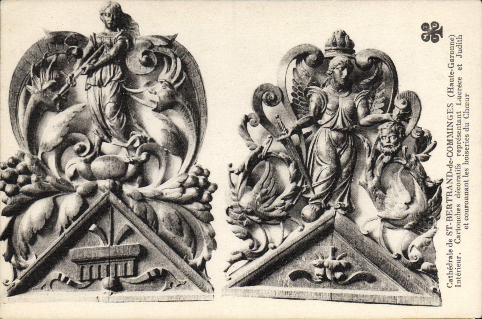 Catedral de la POSTAL de la VENDIMIA de los Cartouches decorativos de St Beltrán de Interior Comminges que representan a Lucrece y a Judith
