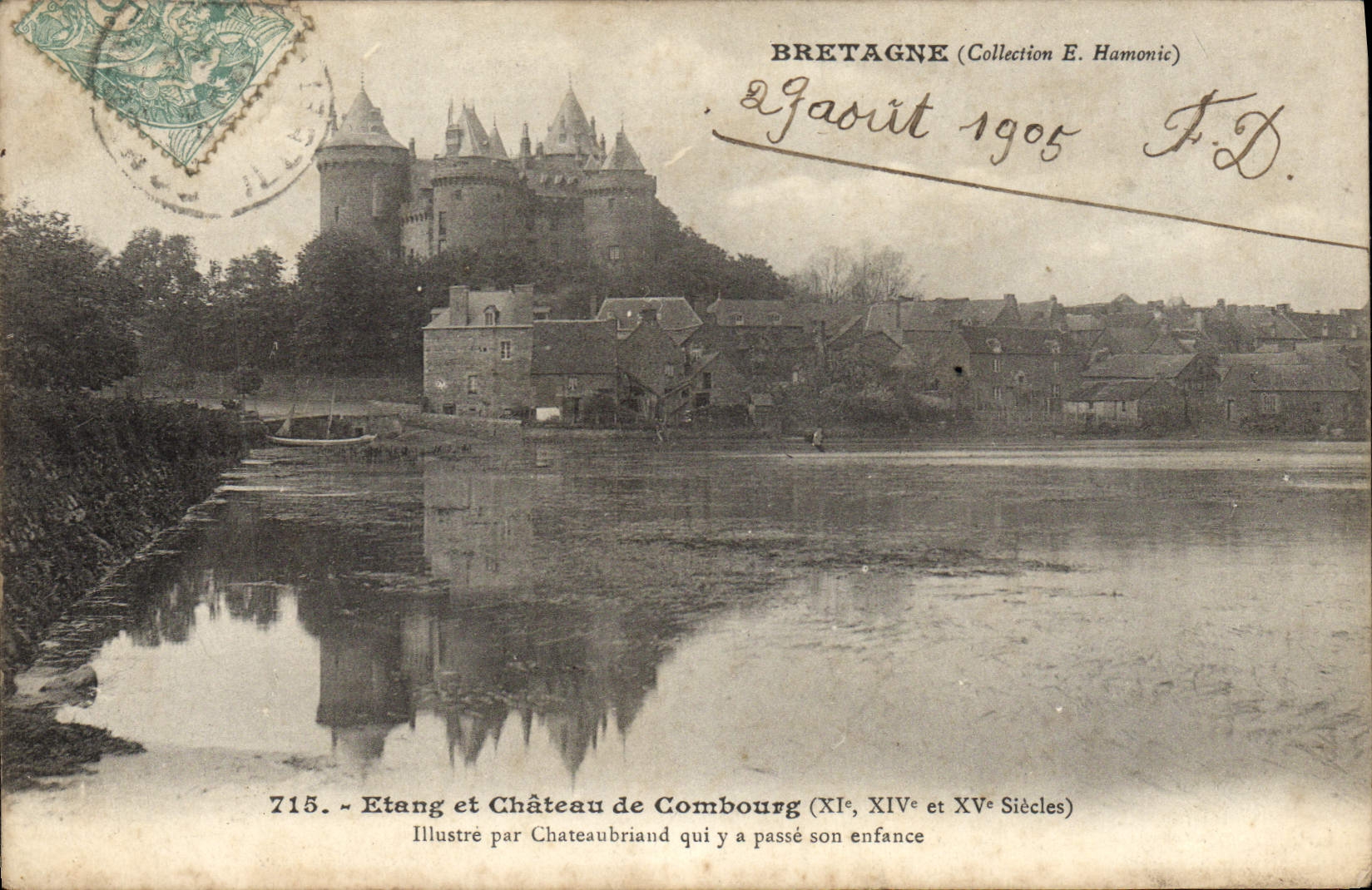 VINTAGE POSTCARD Combourg the Castle Pond