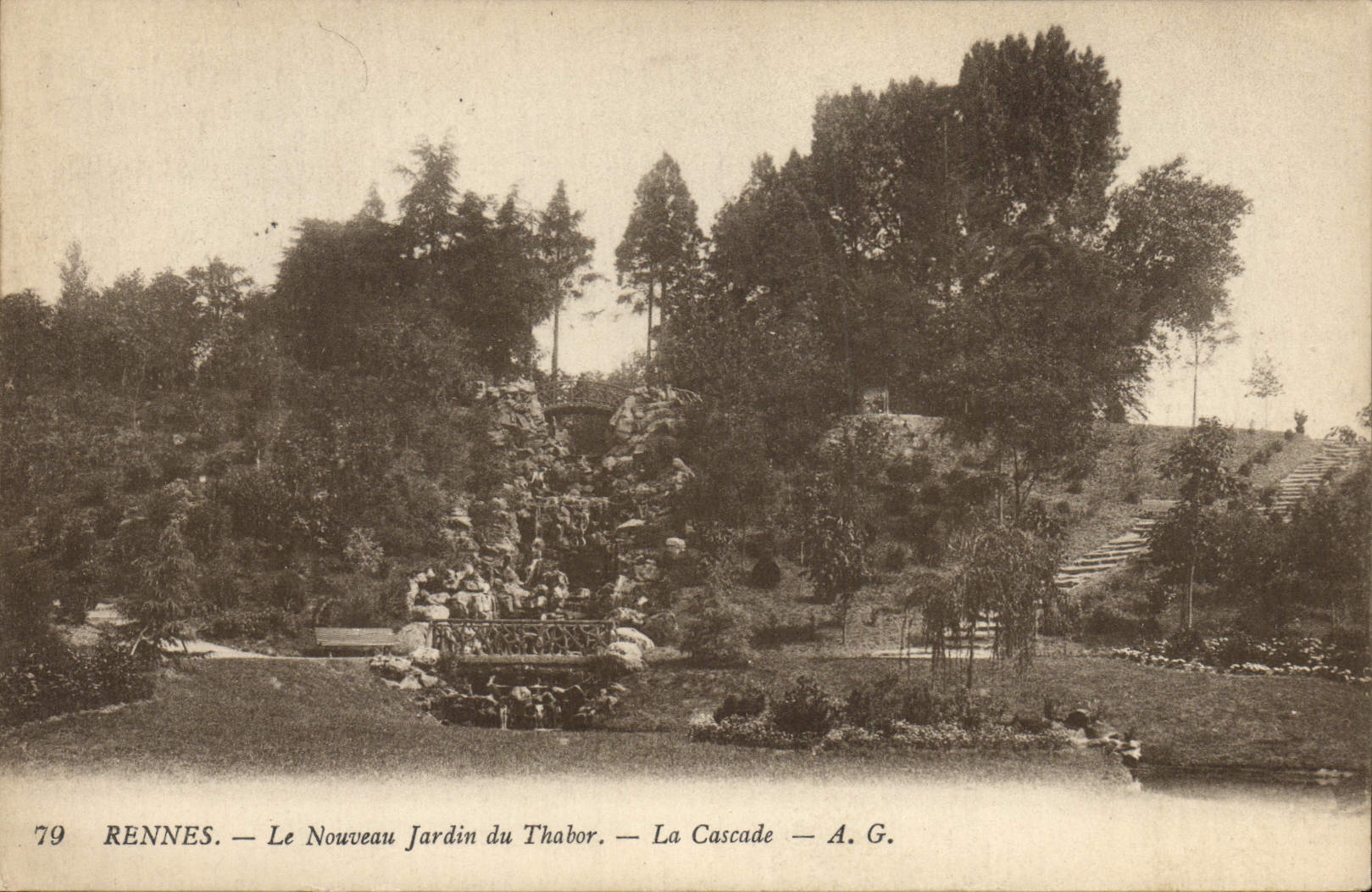 VINTAGE POSTCARD Rennes New Garden of Thabor the cascade