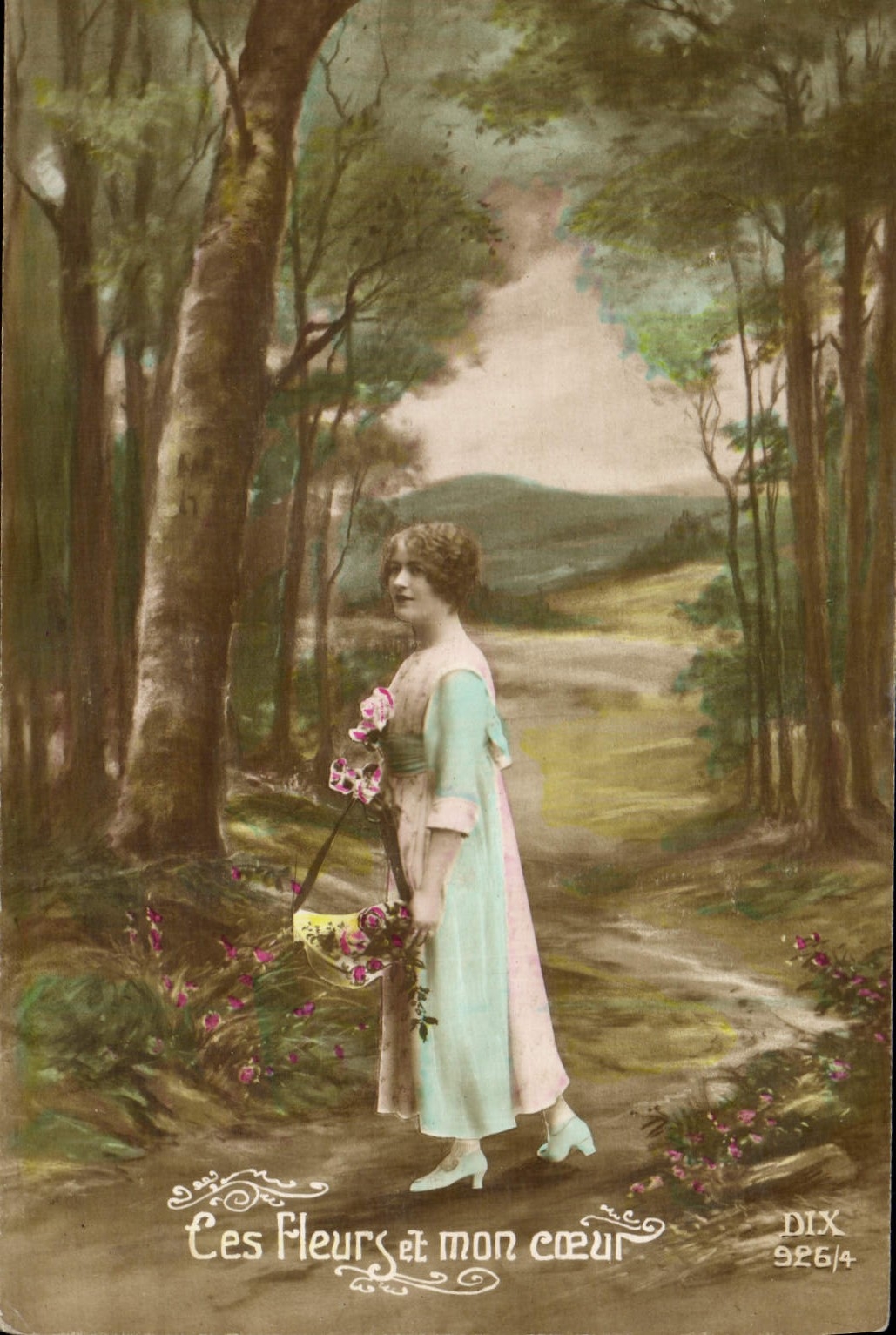 VINTAGE POSTCARD Flowers and My Heart Woman