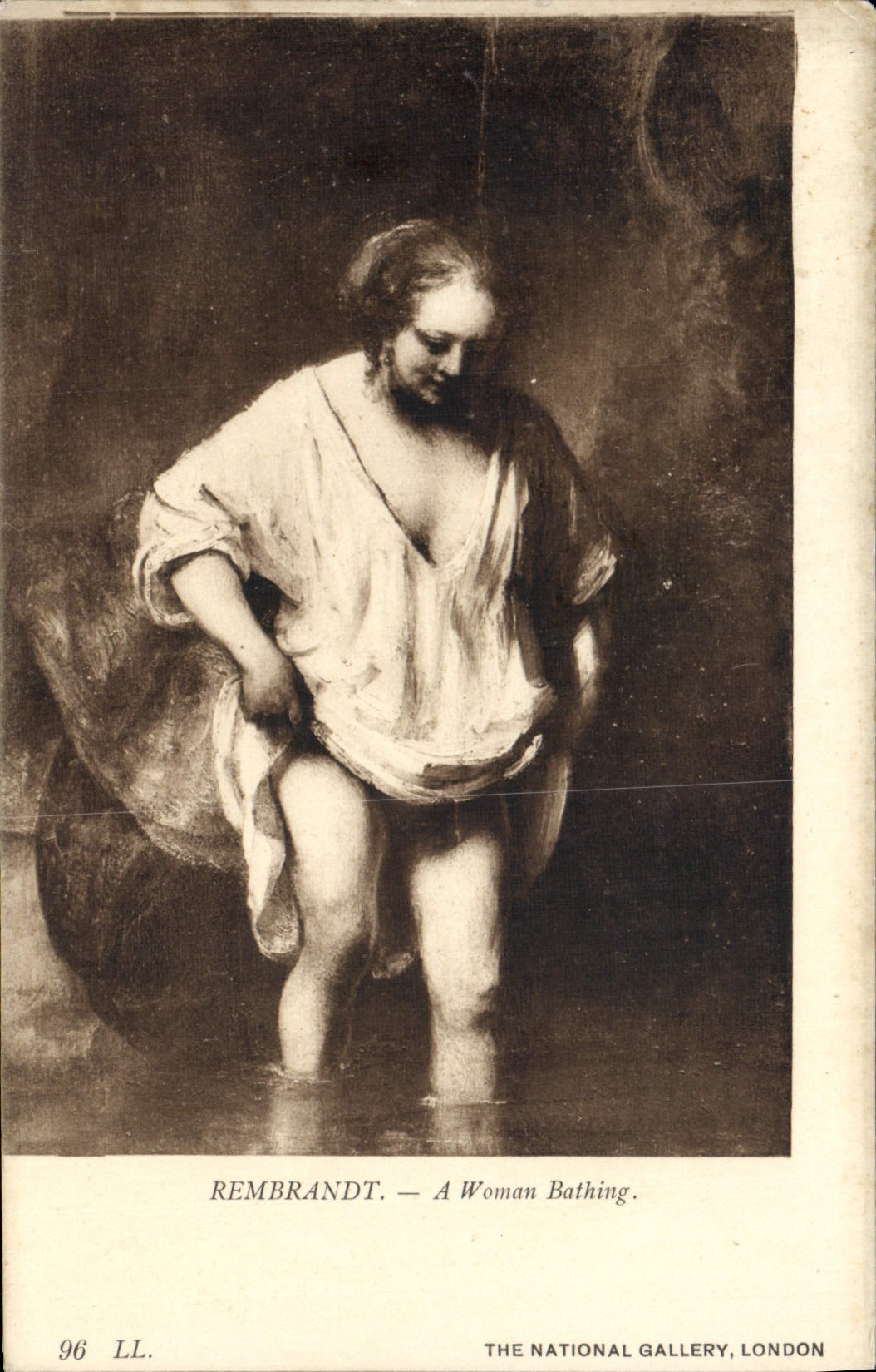 La POSTAL Rembrandt de la VENDIMIA tiene la mujer el bañar del National Gallery de Londres