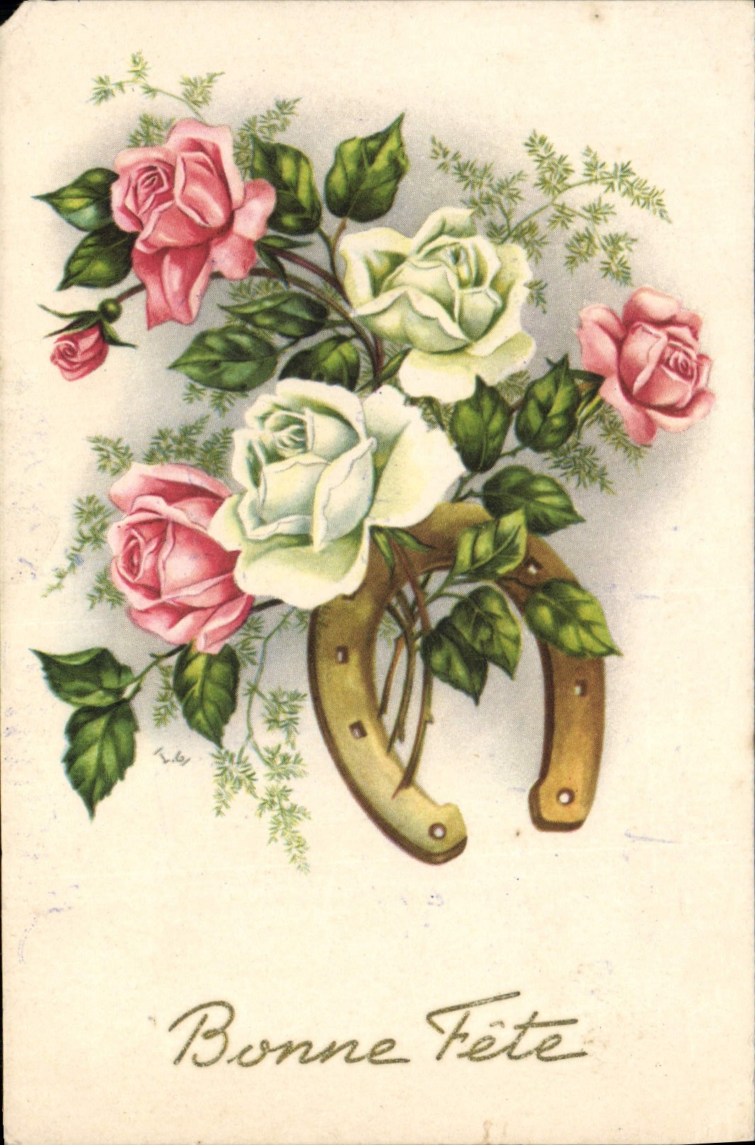 VINTAGE POSTCARD Bonne Festival Flowers Horseshoe