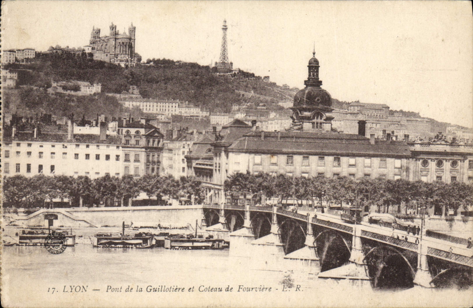 Puente de Lyon de la POSTAL de la VENDIMIA de Guillotiere y de Coteau De Fourviere