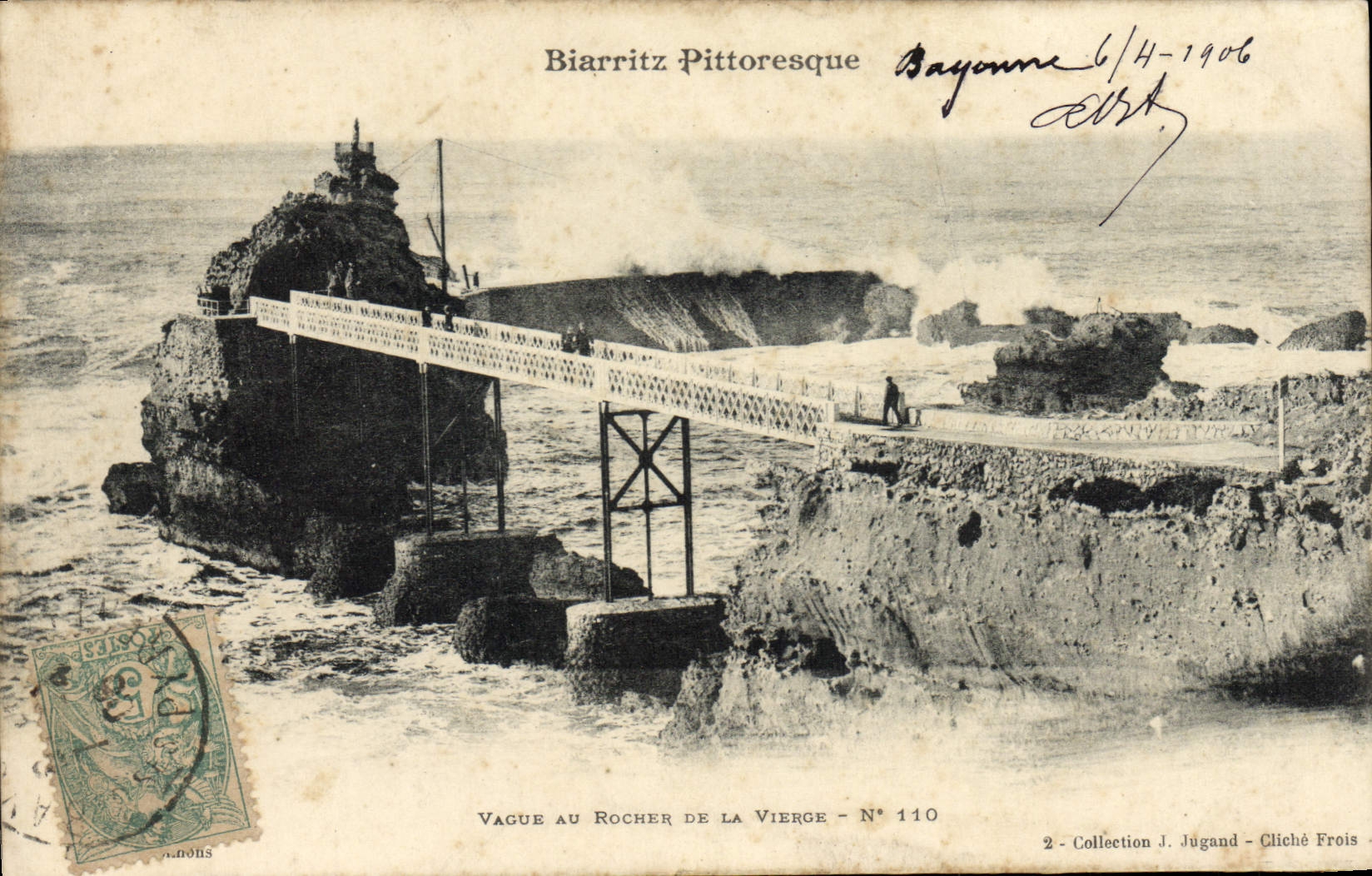 VINTAGE POSTCARD Vague Picturesque Biarritz with the rock of the Virgin