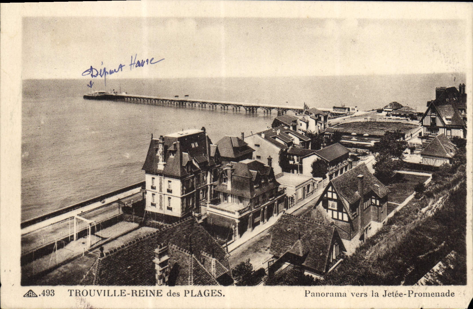 Reina de Trouville de la POSTAL de la VENDIMIA del panorama de las playas hacia la caminata del embarcadero