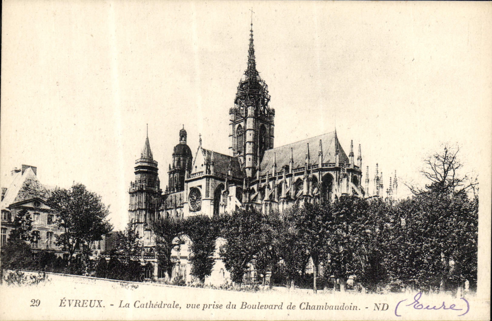 VINTAGE POSTCARD Evreux the Cathedral Seen from Of the Boulevard De Chambaudoin