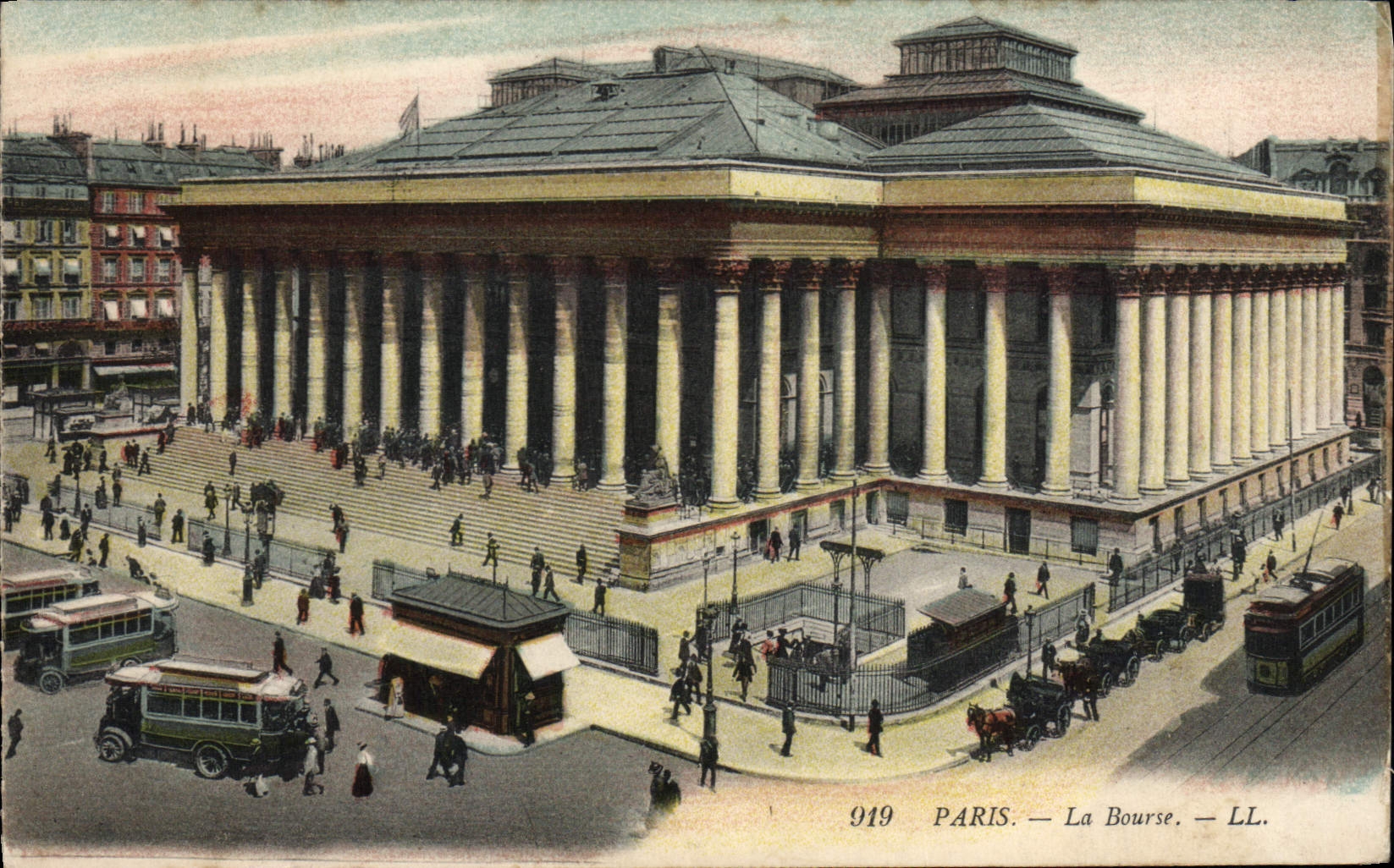 VINTAGE POSTCARD Paris the Stock Exchange Tram